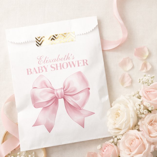Sacolinha Laço Rosa Bebê Menina Chás de Bebê Elegantes (Pink Bow Baby Girl Elegant Baby Shower Favor Bag)