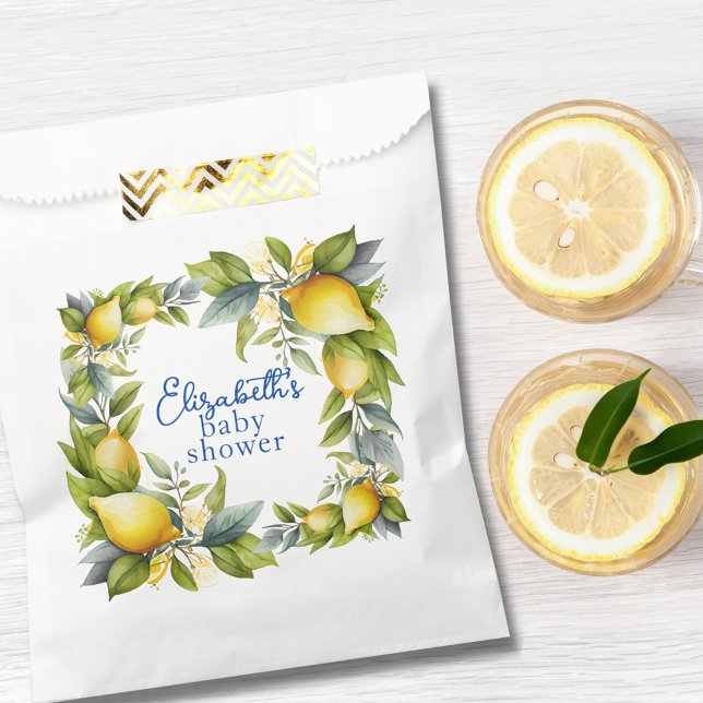 Sacolinha Limões Amarelos Azulejo Azul Chá de fraldas Limão (Yellow Lemons Blue Tile Lemon Baby Shower Favor Bag)