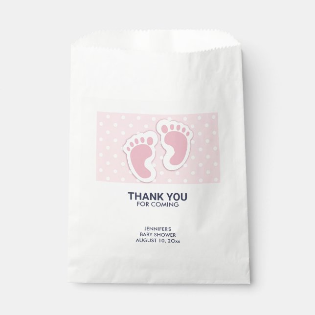 Sacolinha Lindas pegadas de pés de menina bebê rosa Chuveiro (Frente)