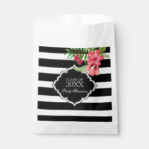 Sacolinha Listra preto e branco e flores cor-de-rosa