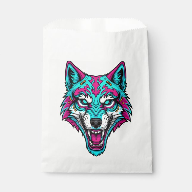 Sacolinha Lobo Neon Cyberpunk - Animal Robótico Synthwave (Frente)