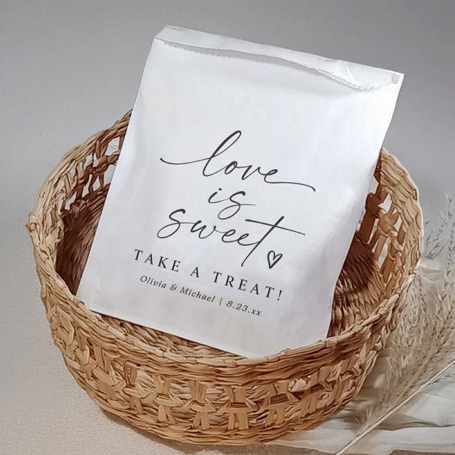 Sacolinha Love is Sweet Black and White Script Wedding (Modern black and white wedding favor bag with “Love Is Sweet” script and heart design)