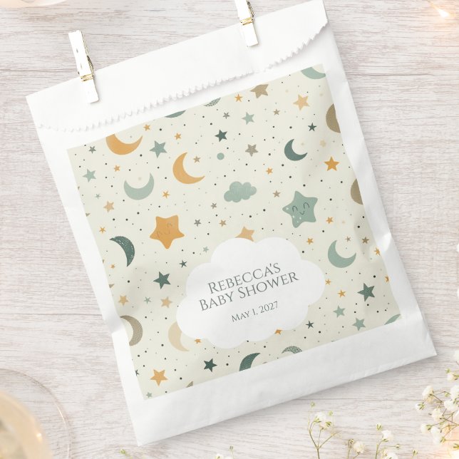 Sacolinha Lua e Estrelas Boho Chá de Adoção Bebê (Boho moon and stars baby shower personalized baby shower guest favor bag)
