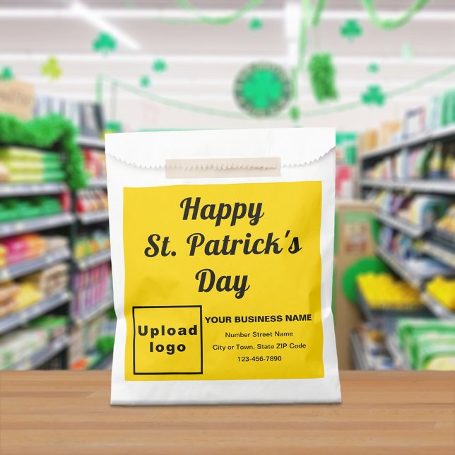 Sacolinha Marca amarela, Rua, dia de Patrick, (Yellow business brand with St. Patrick's Day greeting on paper bag)