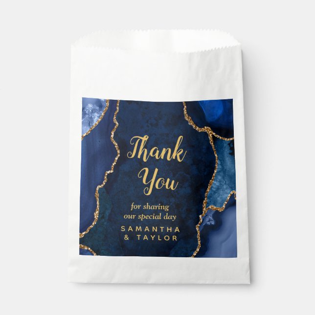 Sacolinha Marinho Blue e Dourado casamento de agata Obrigado (Frente)