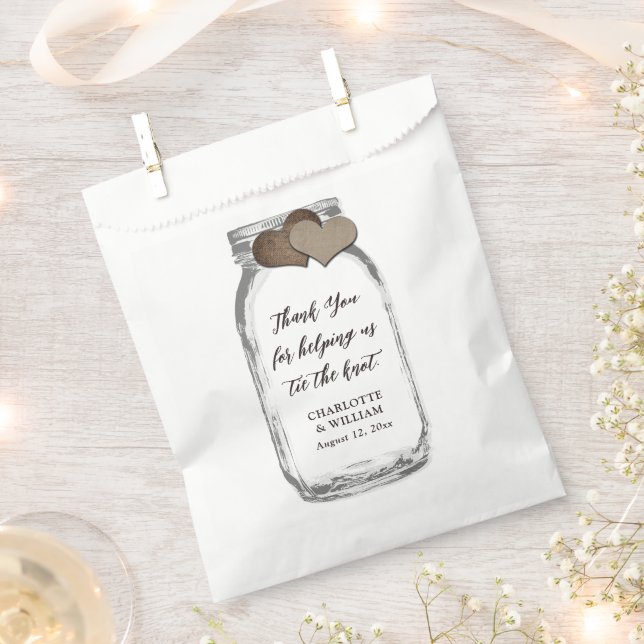 Sacolinha Mason Jar Country Burlap Hearts Obrigado Casamento (Cortado)