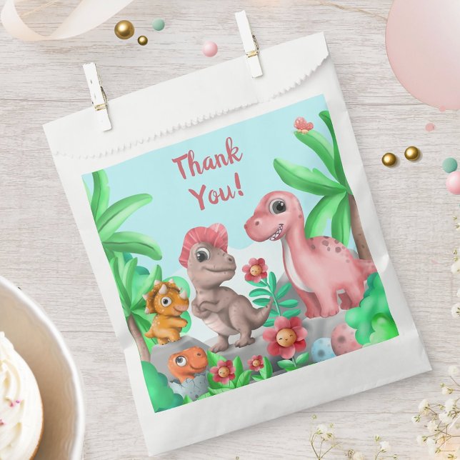 Sacolinha Menina agradecendo pelo aniversário com tema de di (Girl's Dinosaur Birthday Party Favor Bag)