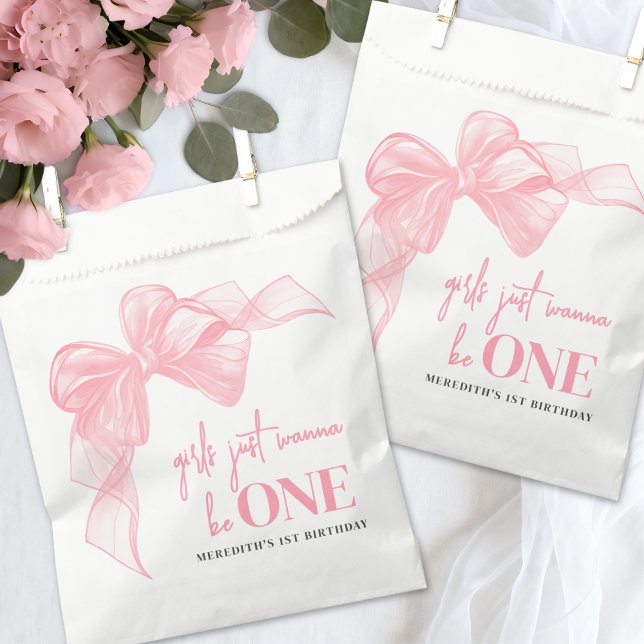 Sacolinha Meninas do Laço Rosa 1º Aniversário (Pink Bow Girls 1st Birthday Favor Bag)