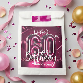 Sacolinha Modern Pink Neon 3D 60th Birthday Party Thank You