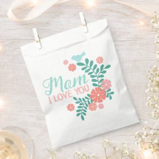 Sacolinha Mom I love you text in cute floral bird design