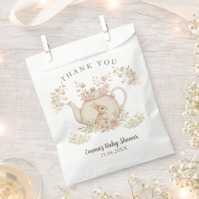 Sacolinha Neutral Bunny & Floral Teapot Baby Shower  (Cortado)