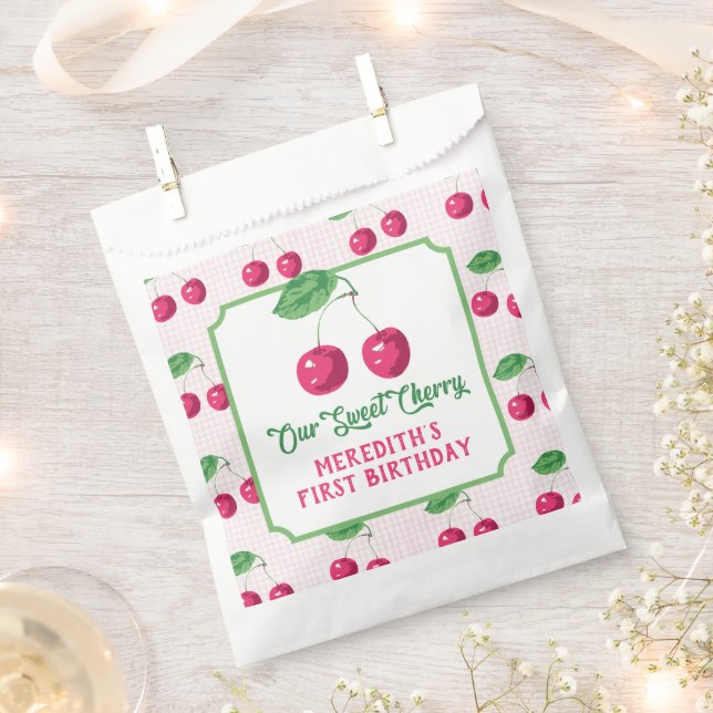 Sacolinha "Nossa doce cereja", aniversário rosa e verde (Cortado)