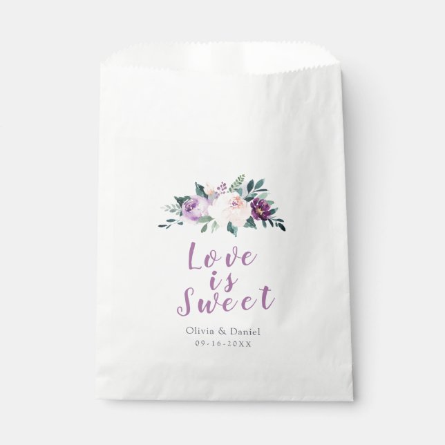 Sacolinha O amor é o doce casamento botânico roxo e floresce (Frente)