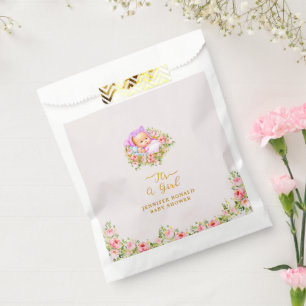 Sacolinha O tema da Flor rosa e Dourada é um chá de fraldas