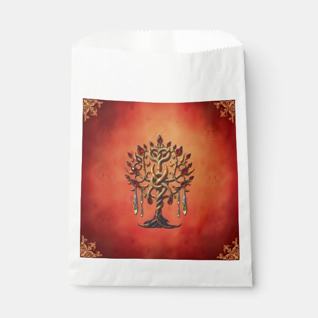 Sacolinha Ouro da árvore da vida com pedras vermelhas (Frente)