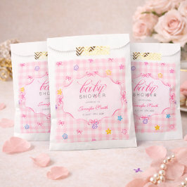 Sacolinha Pink Gingham Floral Bow Baby Shower Favor Bags
