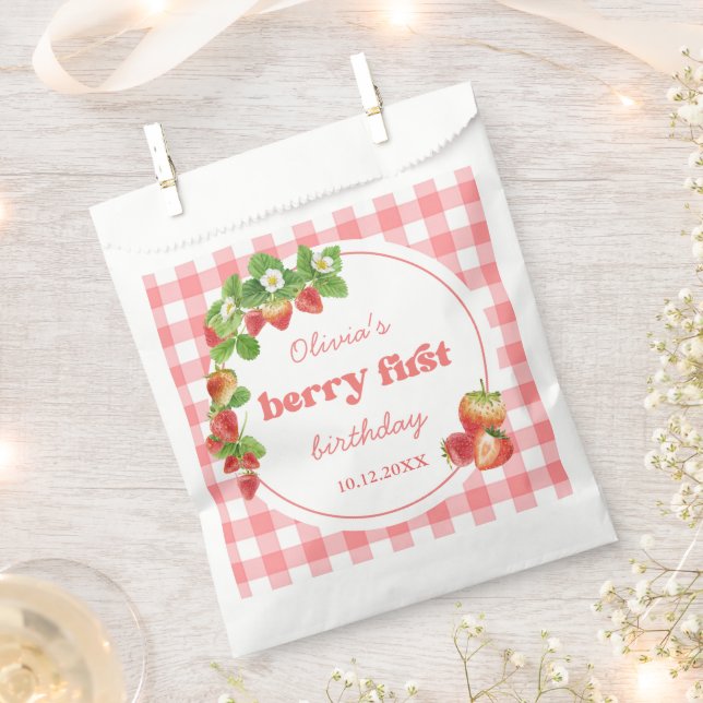 Sacolinha Pink Gingham Strawberry Aniversário (Cortado)