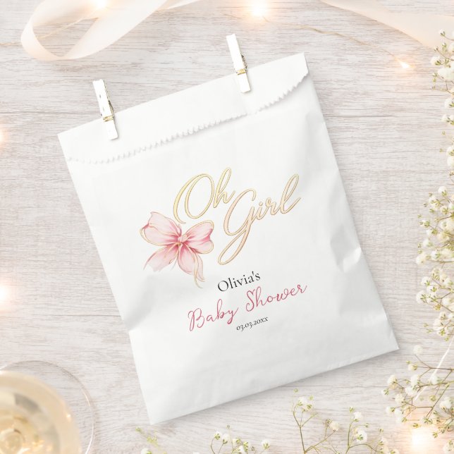 Sacolinha Pink & Gold “Oh Girl” Gold Typography Baby Shower (Cortado)