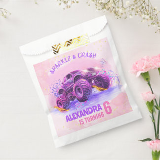 Sacolinha Pink Sparkle and Crash Monster Truck Girl Birthday