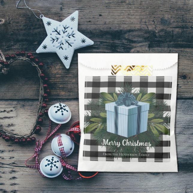 Sacolinha Presente de Natal na Xadrez de Buffalo | Blue Favo (Buffalo Plaid Christmas Gift Favor Bag - Blue)