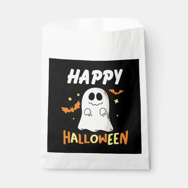 Sacolinha Preto e Laranja com Fantasma Feliz Halloween  (Frente)