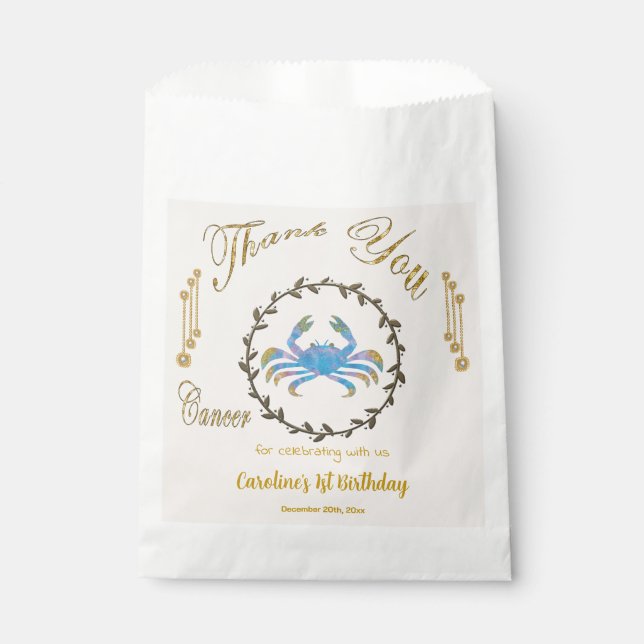 Sacolinha primeiro aniversario de Cancer Dourado e Pérolas O (Frente)