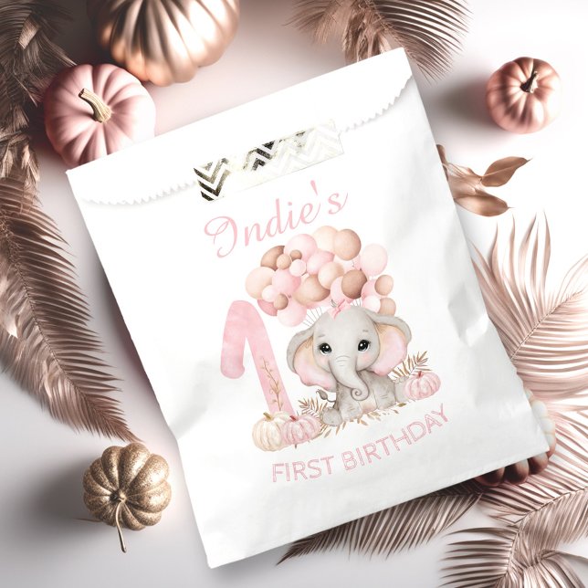 Sacolinha Primeiro Aniversário, Gola de Favor de Elefante Cu (First Birthday Cute Elephant Fall Girl Favor Bag)