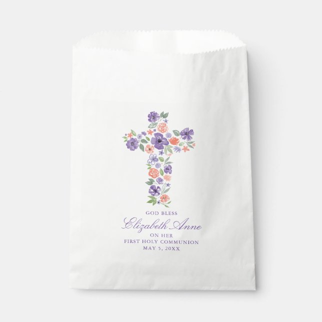 Sacolinha Purple Watercolor Flower Cross First Commune (Frente)