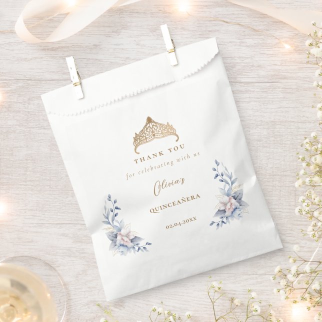 Sacolinha Quinceañera Floral Azul Tiara Dourada Elegante (Cortado)