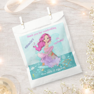 Sacolinha Rapariga Cabelo Rosa Sereia Aniversário Obrigado