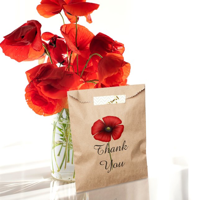 Sacolinha Red Poppy Flower Elegante Obrigado Kraft (Say thank you with a poppy and pop your gifts into these pretty floral favor bags)