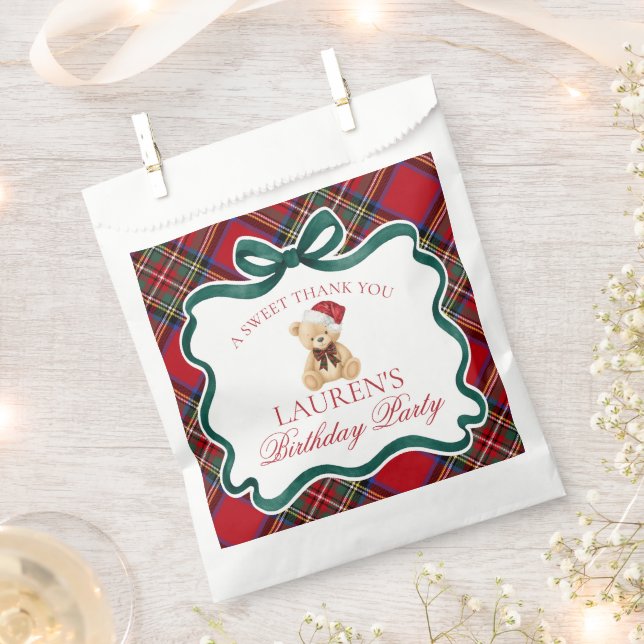 Sacolinha Red Tartan Plaid Christmas Bear Birthday Dessert (Cortado)