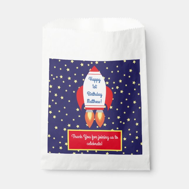Sacolinha Rocketship Outer Space Cuide Kid Birthday (Frente)