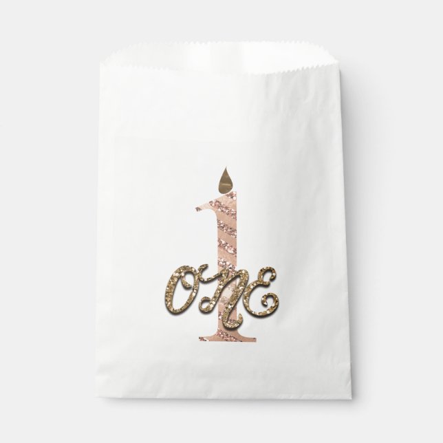 Sacolinha Rosa de Bolinhas de bronze Dourado UM primeiro ani (Frente)