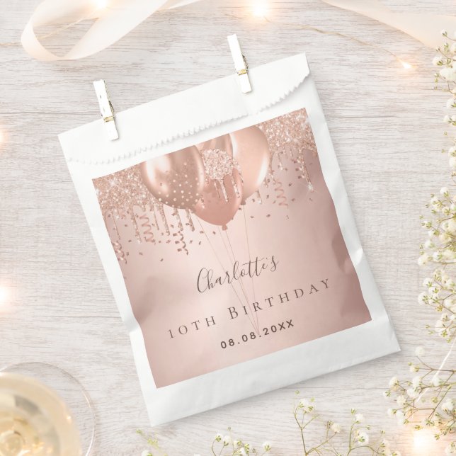 Sacolinha Rosa ouro balões monograma festa de aniversário (Cortado)