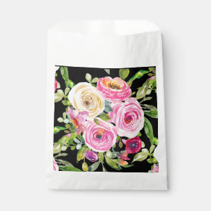 Sacolinha Rosas em Aquarela em Rosa e Creme sobre Preto