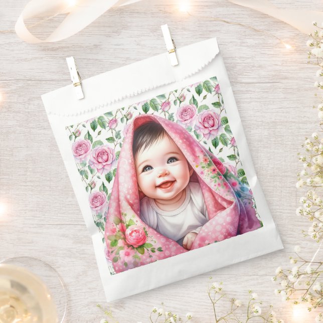 Sacolinha Rosas rosa e Chá de fraldas de menina sorridente (Cortado)