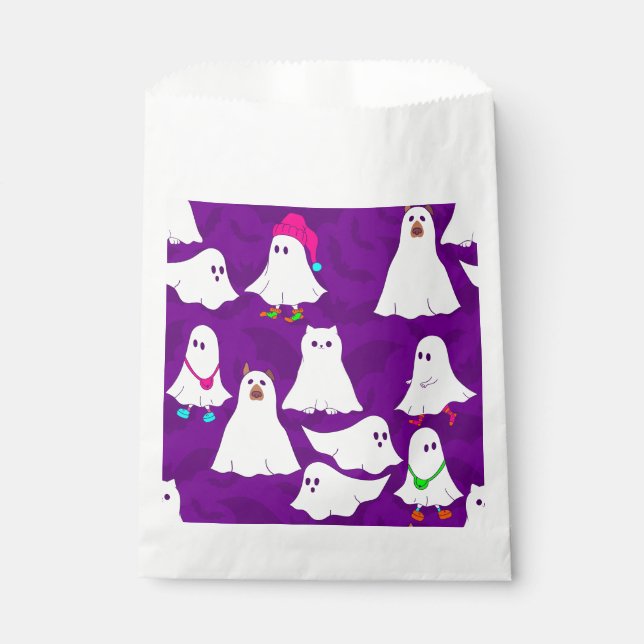 Sacolinha roxo de cão fantasma de halloween (Frente)