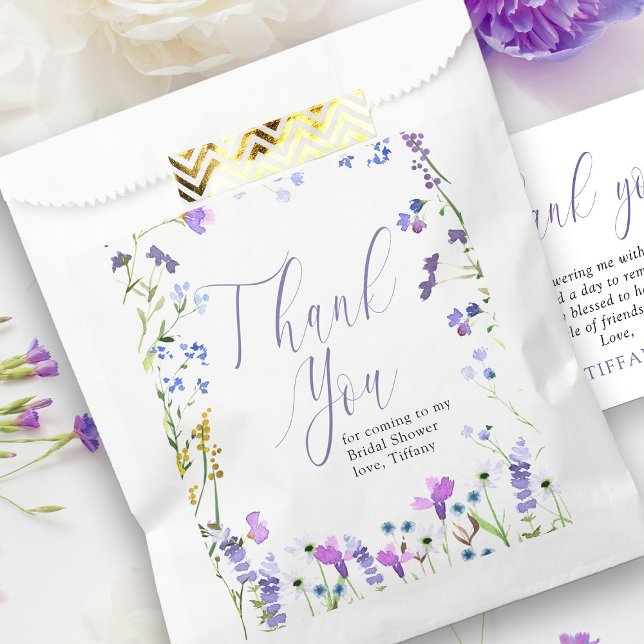 Sacolinha Roxo Wildflower Obrigado Script (Thank you favor bags from my Purple Wildflower Bridal Shower collection)