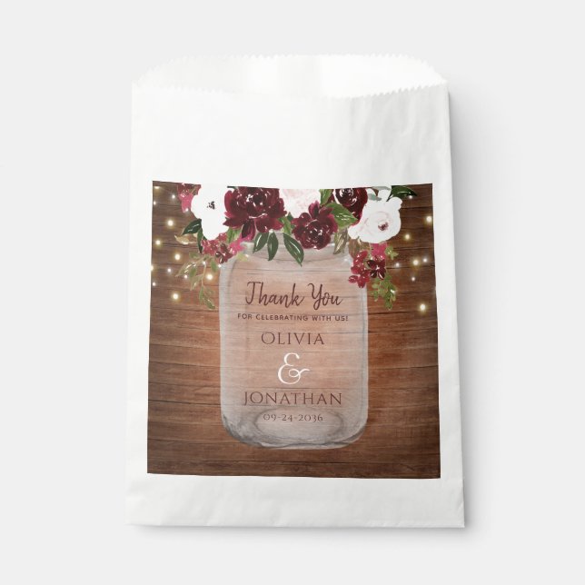 Sacolinha Rustic Wood Burgundy Floral Mason Jar Wedding (Frente)