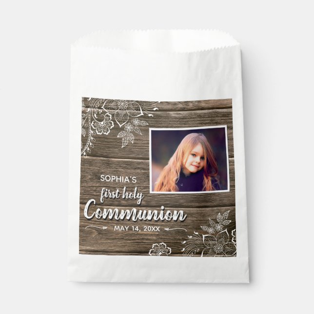 Sacolinha Rustic Wood Lace Primeira Foto Sagrada de Comunhão (Frente)