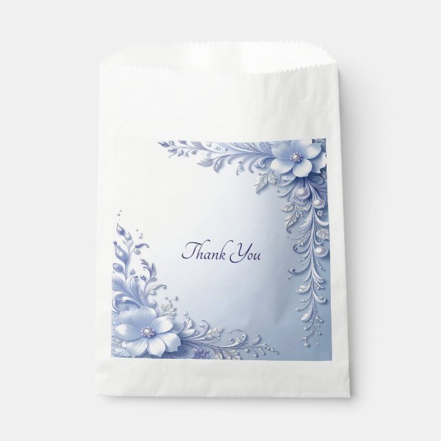 Sacolinha Saco de Favor com Flores Ornamentadas Azuis e Péro (Frente)