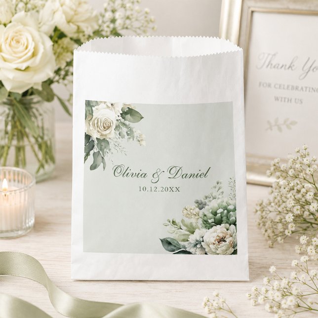 Sacolinha Saco de Favor de Noiva com Flores em Verde Sage Ma (Soft Sage Green Floral Wedding Favor Bag)