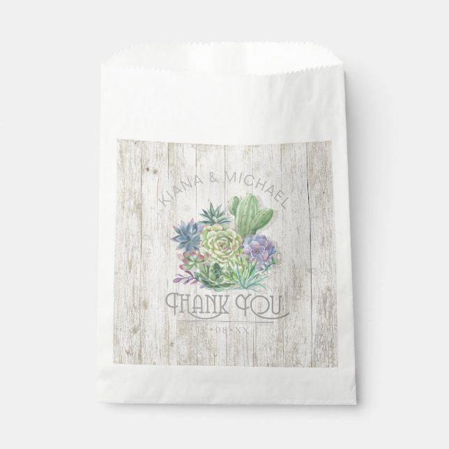 Sacolinha Succulents and Rustic Wood Wedding Obrigado ID515 (Frente)