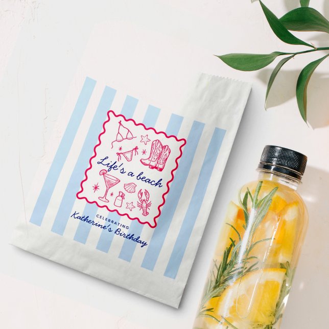 Sacolinha Summer Blue Stripes Pink Beach Favorites Birthday  (Criador carregado)