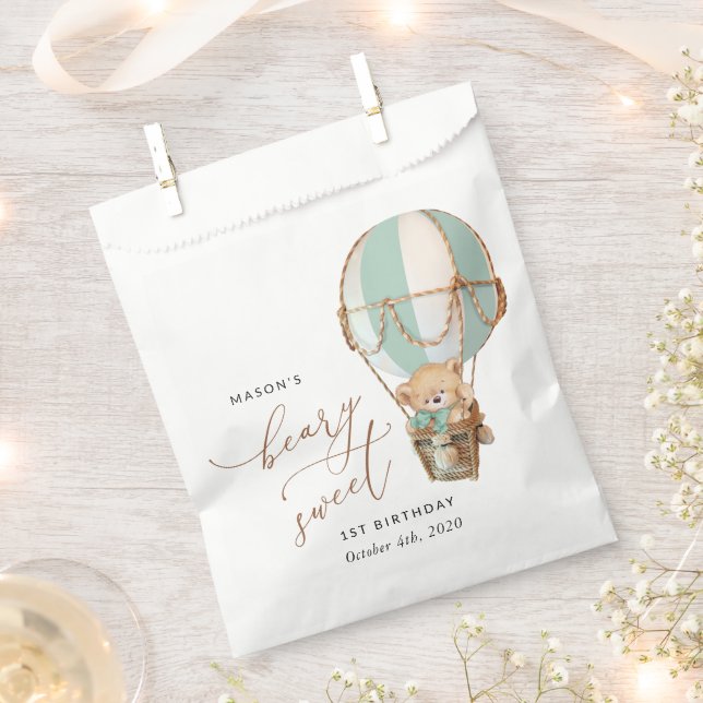 Sacolinha Teddy Bear, Balão de Ar Quente Verde, Primeiro Ani (Cortado)
