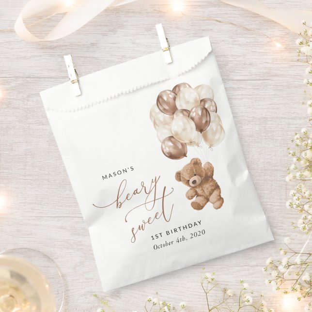 Sacolinha Teddy Bear, Balões Marrons, Primeiro Aniversário (Cortado)