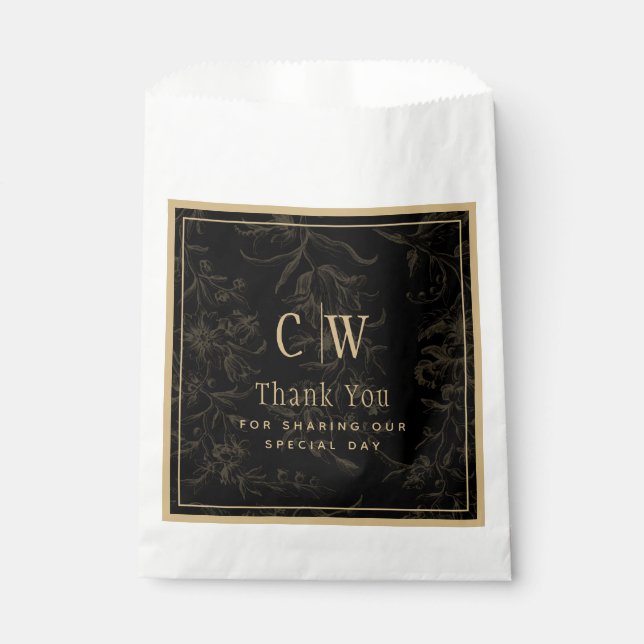 Sacolinha Tema de Casamento Preto Vintage Dourado Damask (Frente)