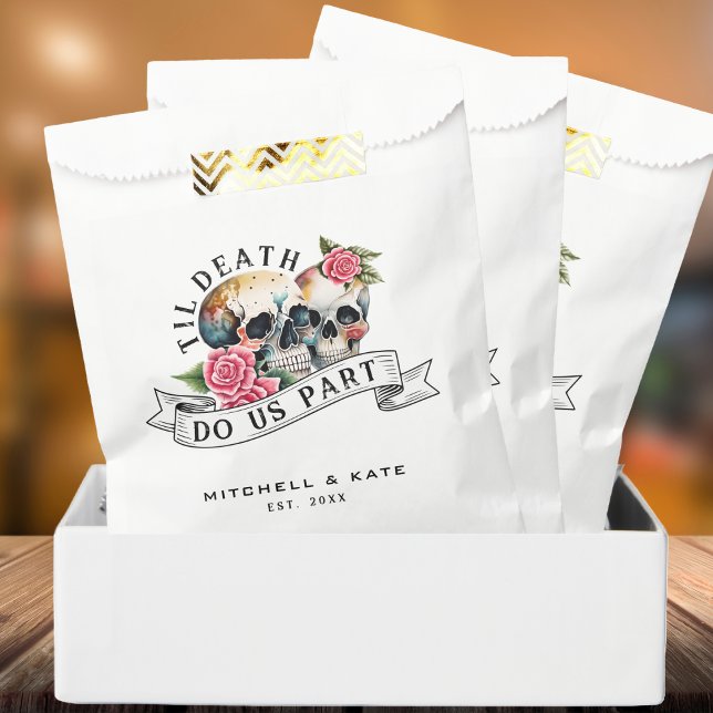 Sacolinha Til Death Nos Part Skulls & Rosa White Wedding (Til Death Do Us Part Skulls & Roses White Wedding Favor Bag)