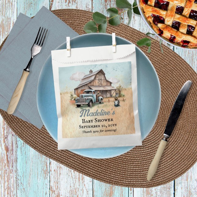 Sacolinha Um Chá Bonitinho Farmista Obrigado ("A Cute Little Farm Boy Is On His Way!" Rustic Barn and Vintage Truck Boy Baby Shower Favor Bags)